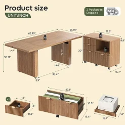 Bestier 70” L-Shaped Executive Desk Fluted Wood Home Office Workstation with Rolling File Cabinet , Brown