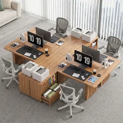 Bestier 70” L-Shaped Executive Desk Fluted Wood Home Office Workstation with Rolling File Cabinet , Brown
