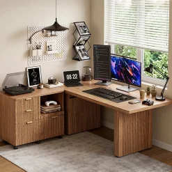 Bestier 70” L-Shaped Executive Desk Fluted Wood Home Office Workstation with Rolling File Cabinet , Brown