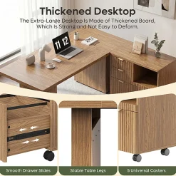 Bestier 70” L-Shaped Executive Desk Fluted Wood Home Office Workstation with Rolling File Cabinet , Brown
