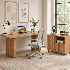 Bestier 70” L-Shaped Executive Desk Fluted Wood Home Office Workstation with Rolling File Cabinet , Brown