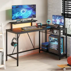 Bestier L-Shaped Gaming Computer Desk With Power Outlet, LED Lights & Headset Hooks, 53"W, Carbon Fiber Black