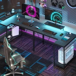 Bestier L-Shaped Gaming Computer Desk With Power Outlet, LED Lights & Headset Hooks, 53