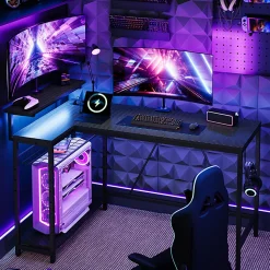 Bestier L-Shaped Gaming Computer Desk With Power Outlet, LED Lights & Headset Hooks, 53