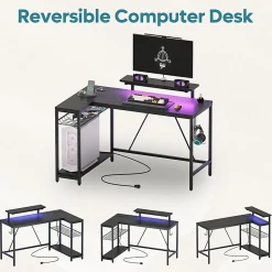 Bestier L-Shaped Gaming Computer Desk With Power Outlet, LED Lights & Headset Hooks, 53