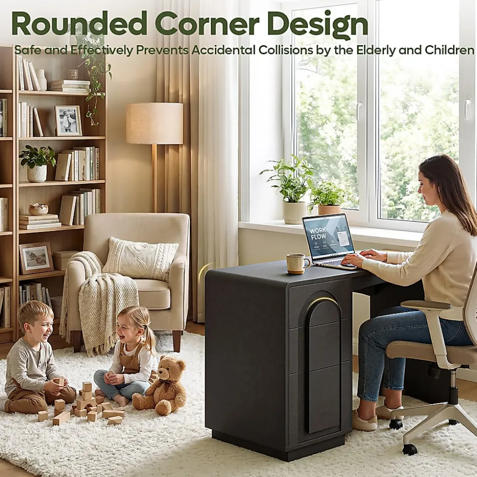 Bestier 47" Modern Arched Wood Home Office Executive Desk with 3 Drawers for Storage, Black