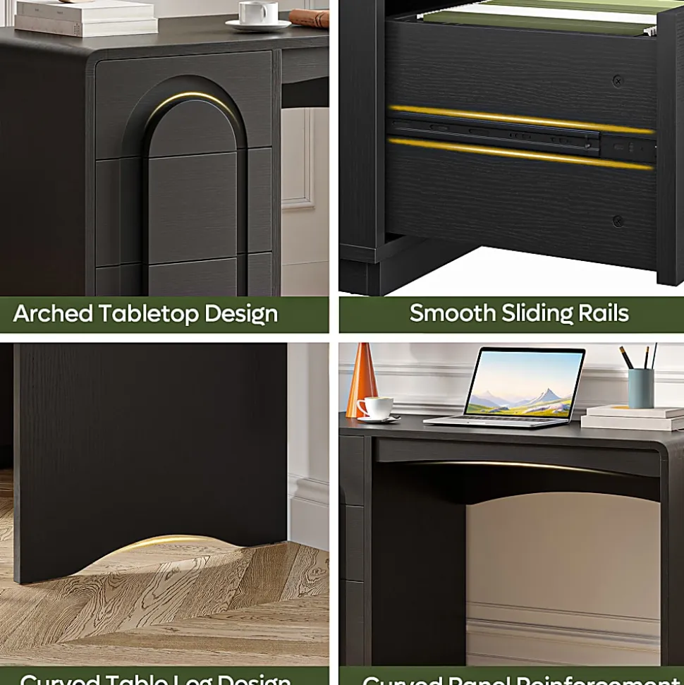 Bestier 47" Modern Arched Wood Home Office Executive Desk with 3 Drawers for Storage, Black