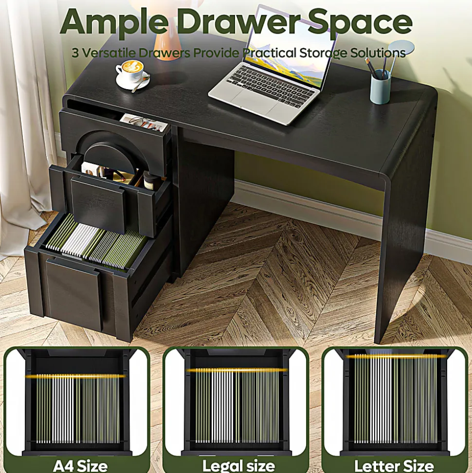 Bestier 47" Modern Arched Wood Home Office Executive Desk with 3 Drawers for Storage, Black