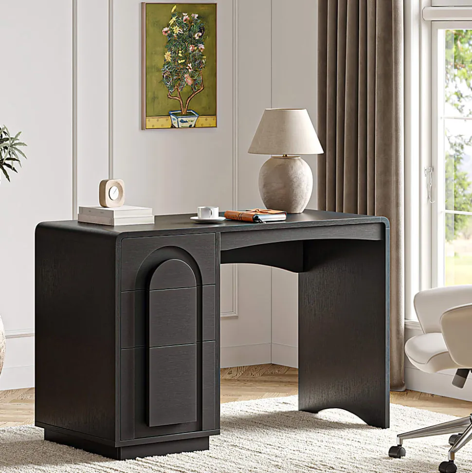 Bestier 47" Modern Arched Wood Home Office Executive Desk with 3 Drawers for Storage, Black