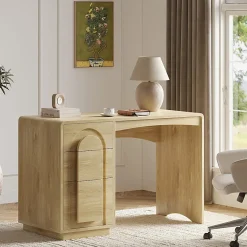 Bestier 47" Modern Arched Wood Home Office Executive Desk with 3 Drawers for Storage, Natural Oak