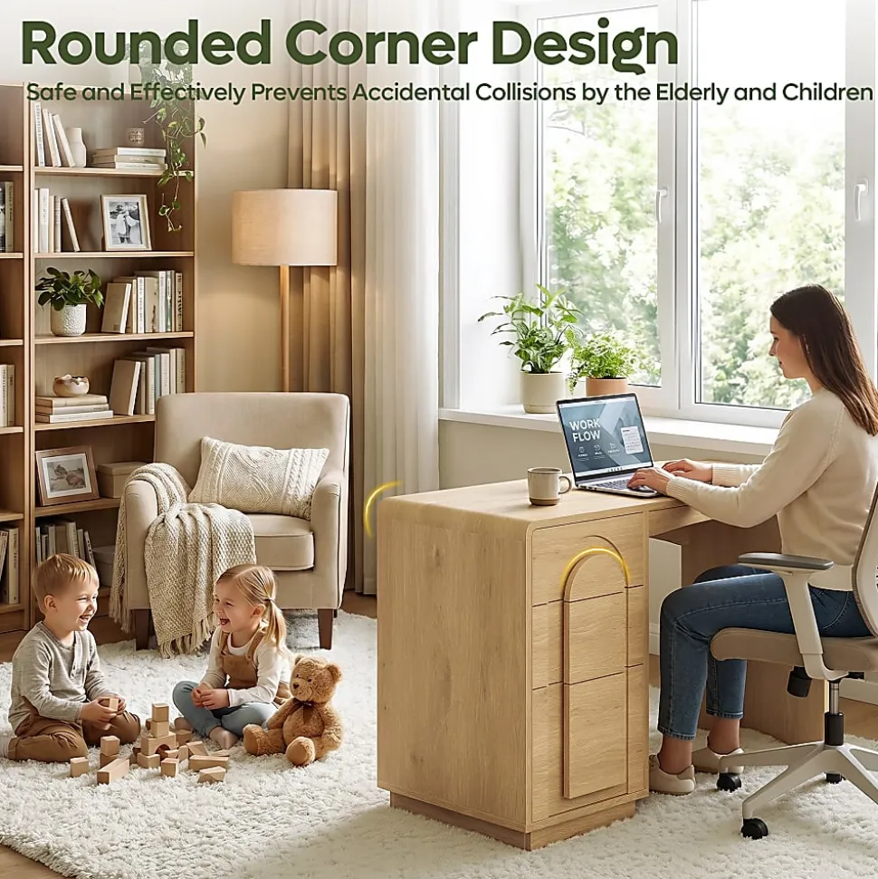 Bestier 47" Modern Arched Wood Home Office Executive Desk with 3 Drawers for Storage, Natural Oak