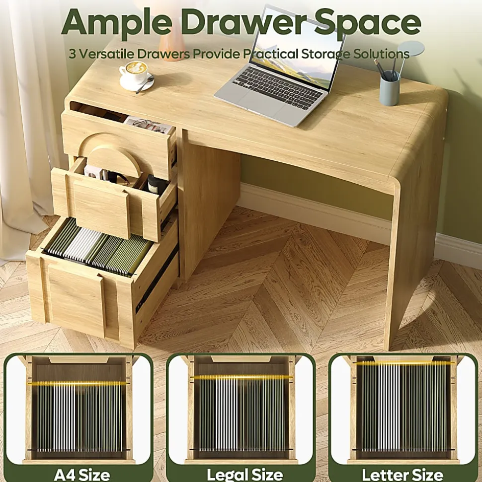 Bestier 47" Modern Arched Wood Home Office Executive Desk with 3 Drawers for Storage, Natural Oak