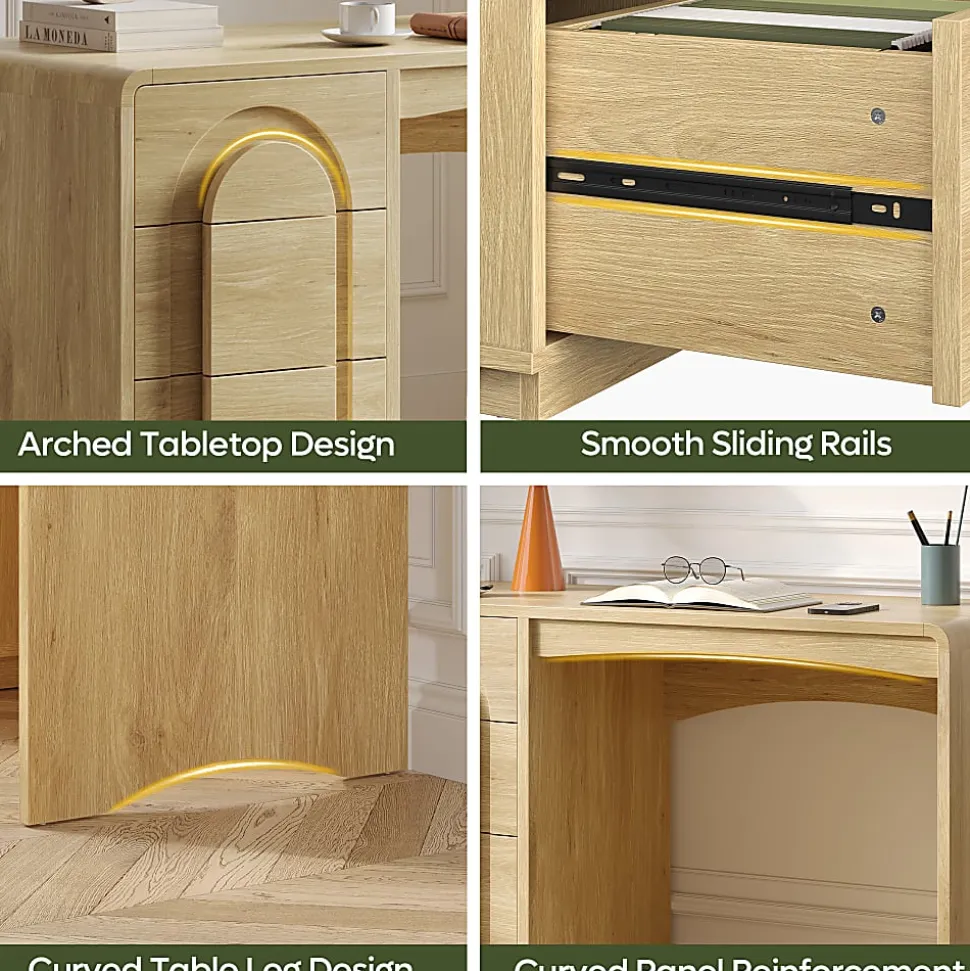 Bestier 47" Modern Arched Wood Home Office Executive Desk with 3 Drawers for Storage, Natural Oak
