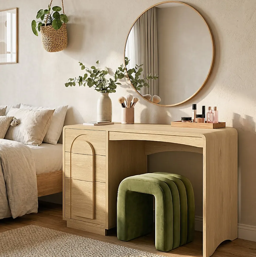 Bestier 47" Modern Arched Wood Home Office Executive Desk with 3 Drawers for Storage, Natural Oak