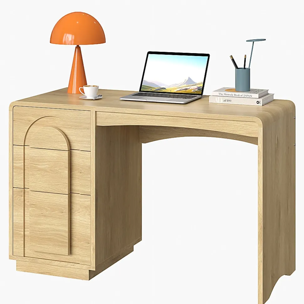 Bestier 47" Modern Arched Wood Home Office Executive Desk with 3 Drawers for Storage, Natural Oak