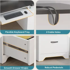 Bestier 59" Rectangular Computer Desk with Drawers and Power Outlet, Home Office Desk with Keyboard Tray, White