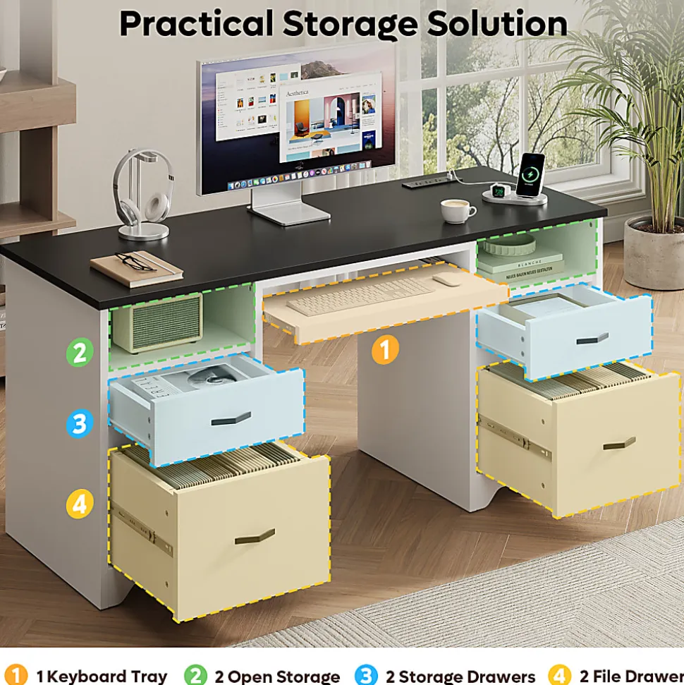 Bestier 59" Rectangular Computer Desk with Drawers and Power Outlet, Home Office Desk with Keyboard Tray, White