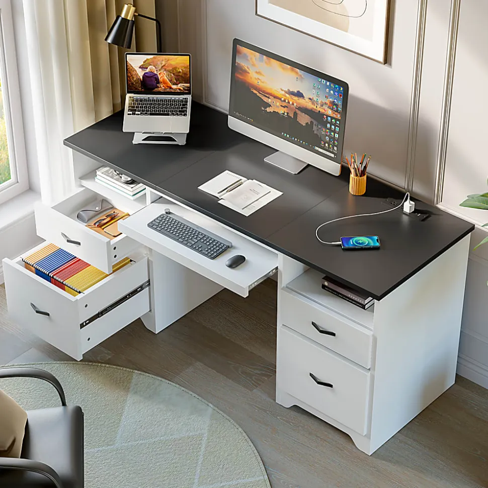 Bestier 59" Rectangular Computer Desk with Drawers and Power Outlet, Home Office Desk with Keyboard Tray, White