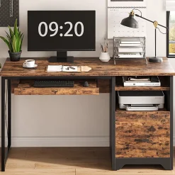 Bestier 48" Reversible Office Writing Computer Desk With File Drawer And Pull-Out Shelf, Rustic Brown