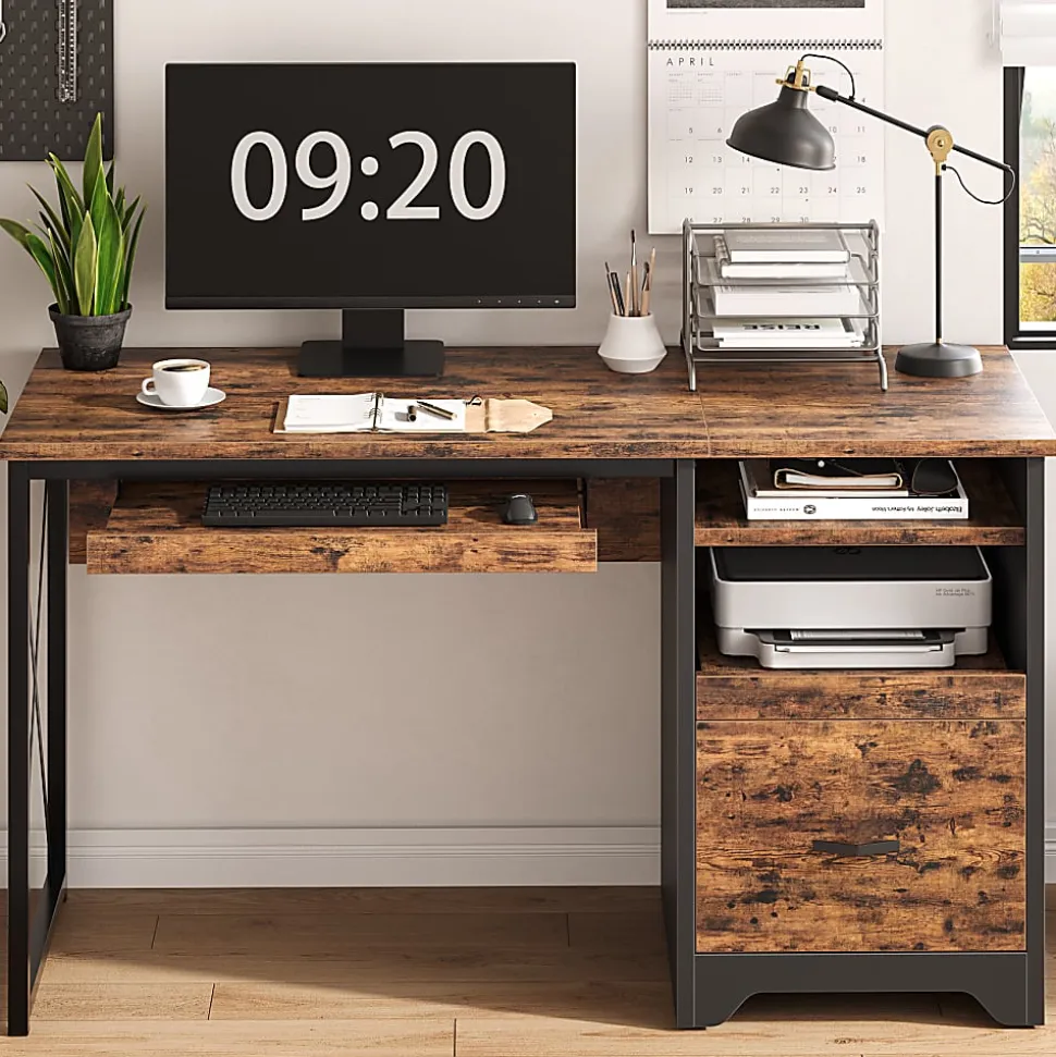 Bestier 48" Reversible Office Writing Computer Desk With File Drawer And Pull-Out Shelf, Rustic Brown