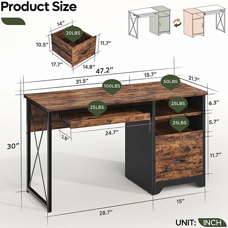 Bestier 48" Reversible Office Writing Computer Desk With File Drawer And Pull-Out Shelf, Rustic Brown