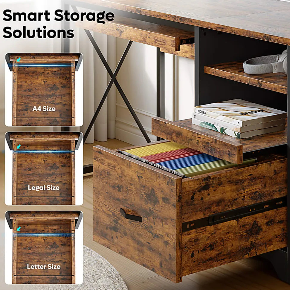 Bestier 48" Reversible Office Writing Computer Desk With File Drawer And Pull-Out Shelf, Rustic Brown