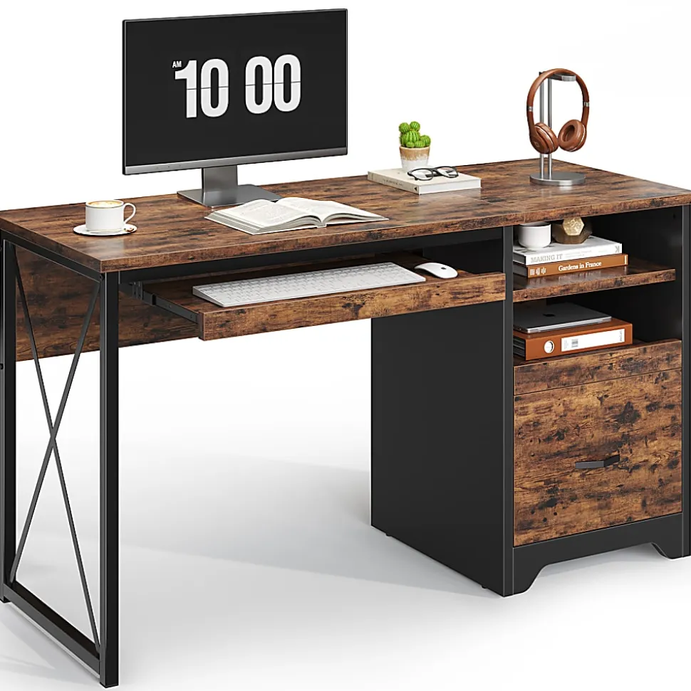 Bestier 48" Reversible Office Writing Computer Desk With File Drawer And Pull-Out Shelf, Rustic Brown