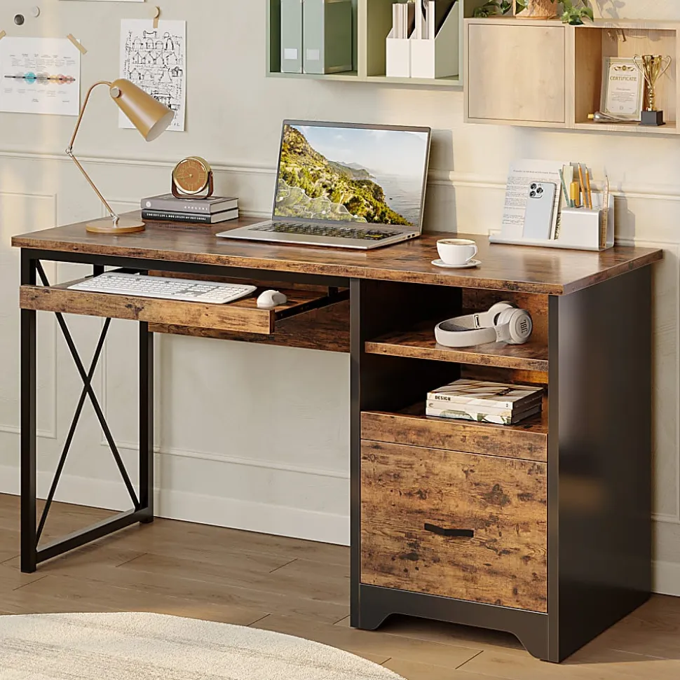 Bestier 48" Reversible Office Writing Computer Desk With File Drawer And Pull-Out Shelf, Rustic Brown