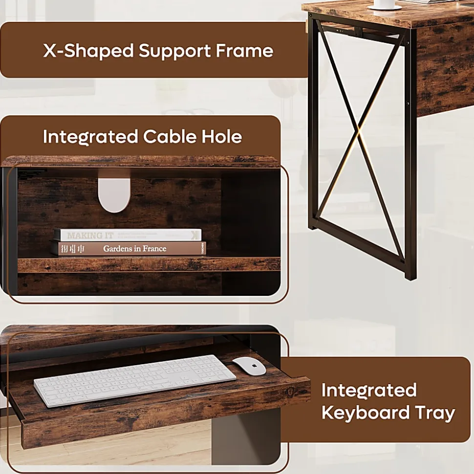 Bestier 48" Reversible Office Writing Computer Desk With File Drawer And Pull-Out Shelf, Rustic Brown