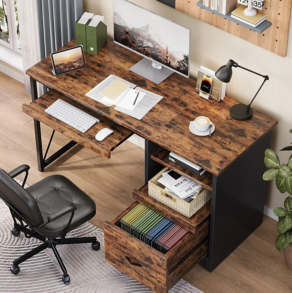 Bestier 48" Reversible Office Writing Computer Desk With File Drawer And Pull-Out Shelf, Rustic Brown