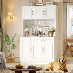 Bestier 41" Storage Hutch Desk with LED & Power Outlet, Wood Tall Kitchen Pantry Buffet Cabinet, White