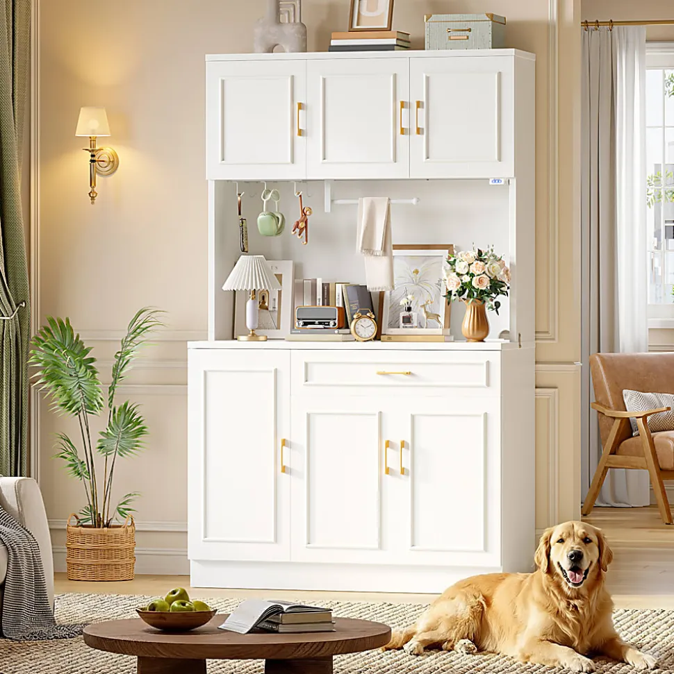 Bestier 41" Storage Hutch Desk with LED & Power Outlet, Wood Tall Kitchen Pantry Buffet Cabinet, White