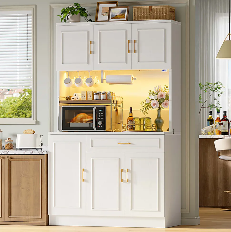 Bestier 41" Storage Hutch Desk with LED & Power Outlet, Wood Tall Kitchen Pantry Buffet Cabinet, White