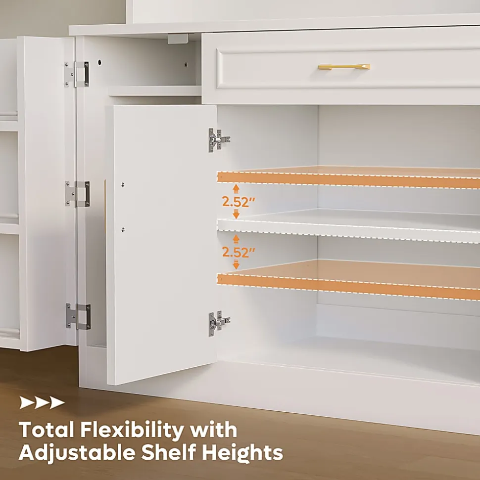 Bestier 41" Storage Hutch Desk with LED & Power Outlet, Wood Tall Kitchen Pantry Buffet Cabinet, White