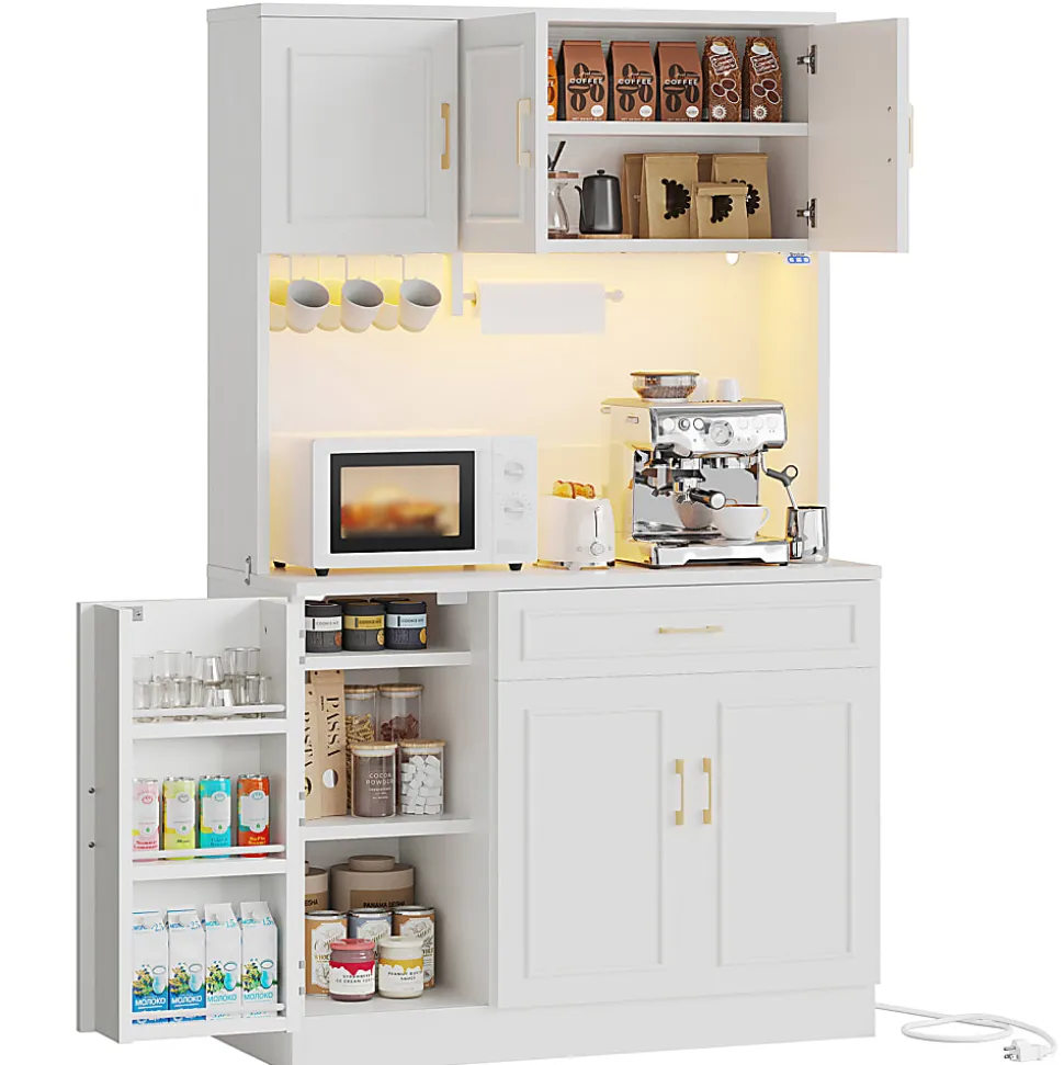 Bestier 41" Storage Hutch Desk with LED & Power Outlet, Wood Tall Kitchen Pantry Buffet Cabinet, White