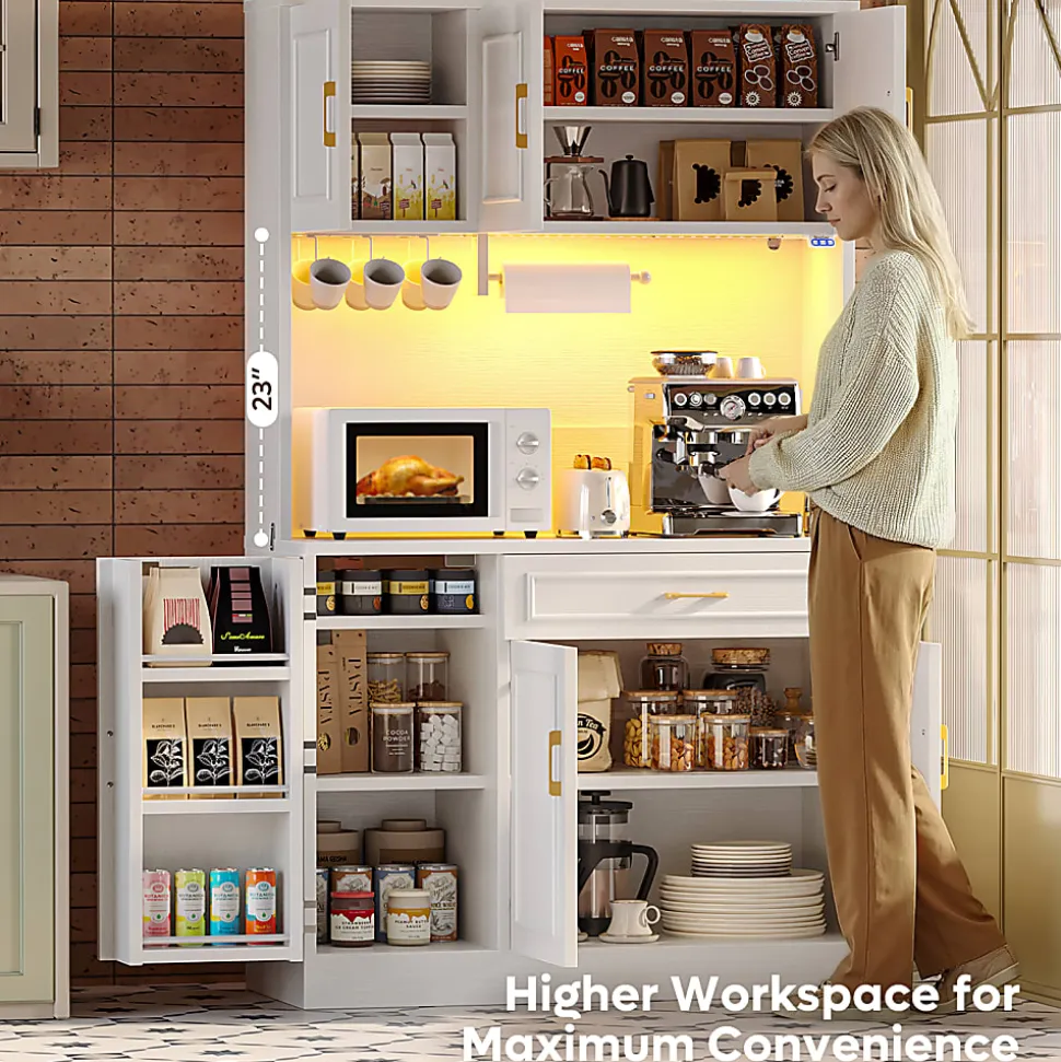 Bestier 41" Storage Hutch Desk with LED & Power Outlet, Wood Tall Kitchen Pantry Buffet Cabinet, White