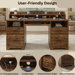 Bestier 60"W Computer Desk With Keyboard Tray And Power Outlet, Rustic Brown