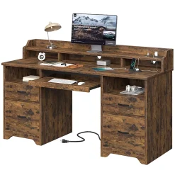 Bestier 60"W Computer Desk With Keyboard Tray And Power Outlet, Rustic Brown