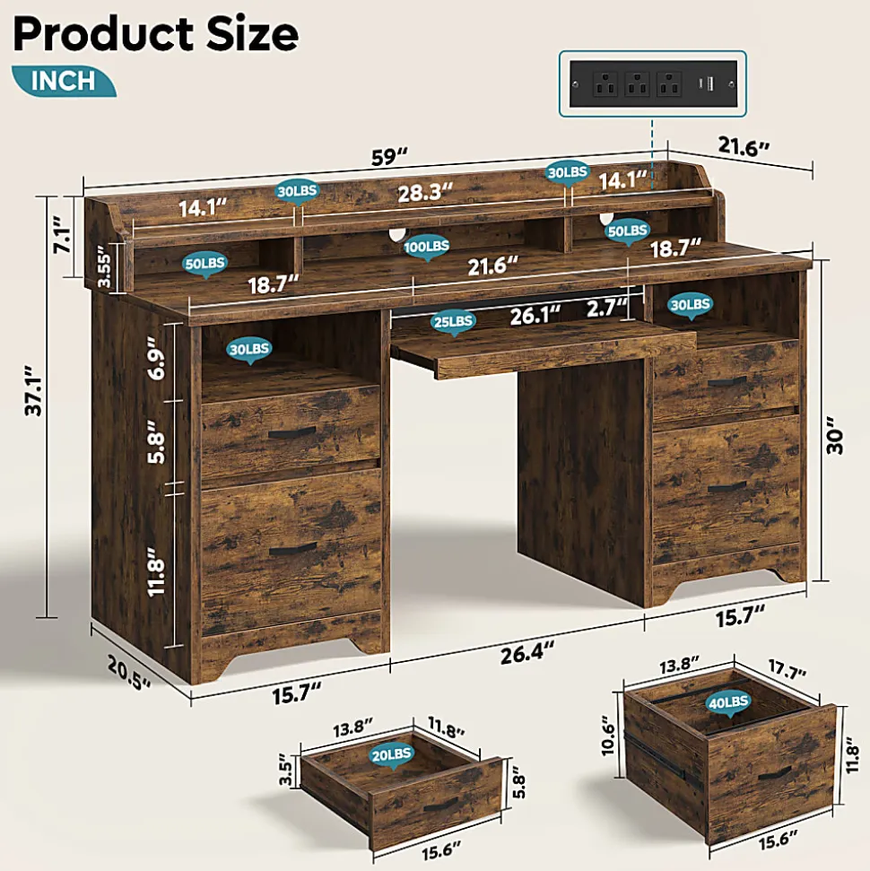 Bestier 60"W Computer Desk With Keyboard Tray And Power Outlet, Rustic Brown