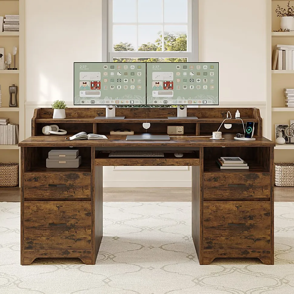 Bestier 60"W Computer Desk With Keyboard Tray And Power Outlet, Rustic Brown