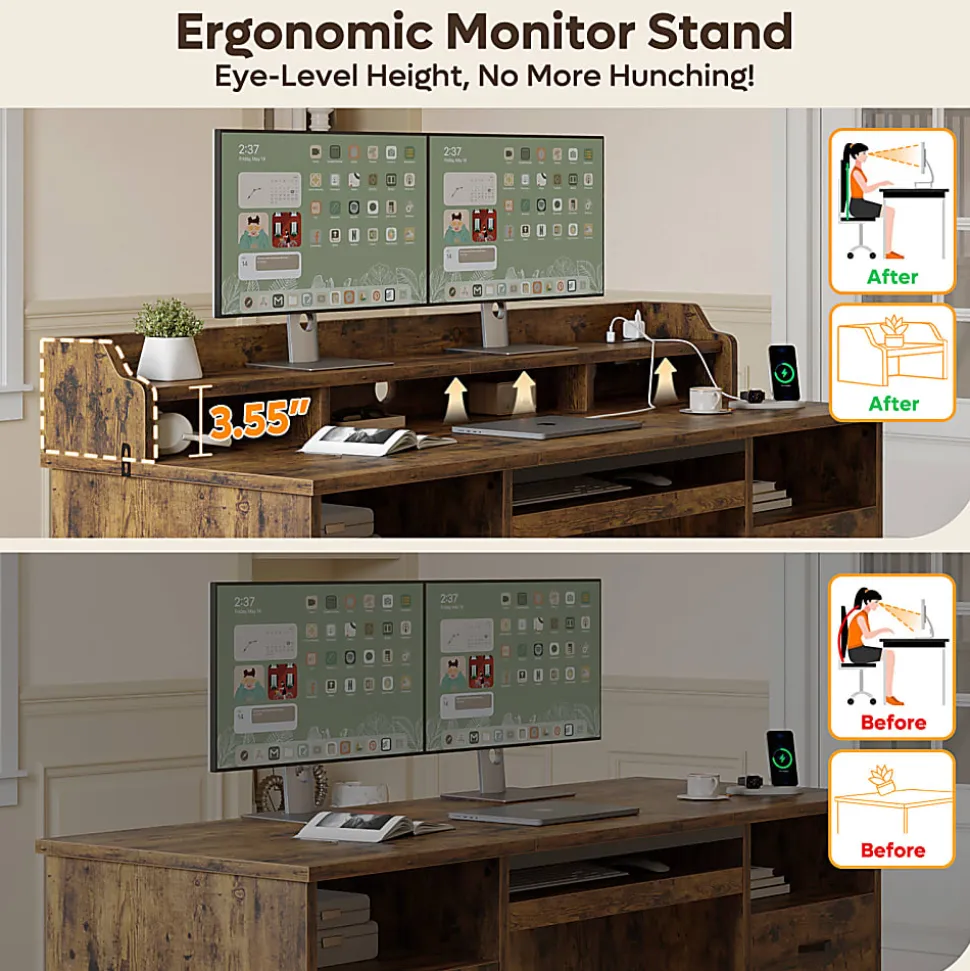 Bestier 60"W Computer Desk With Keyboard Tray And Power Outlet, Rustic Brown