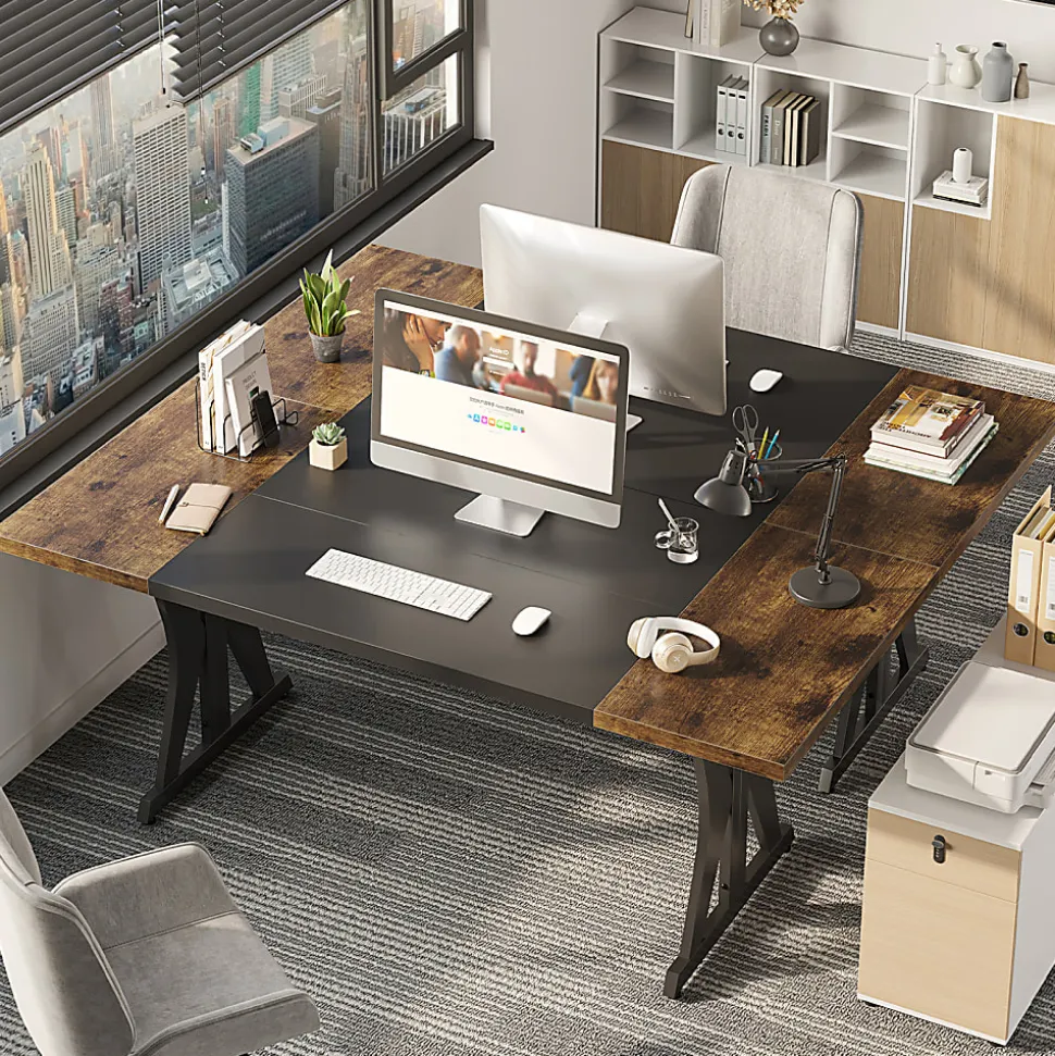 Bestier 71"W Computer Desk With X-Shaped Metal Legs, Rustic Brown