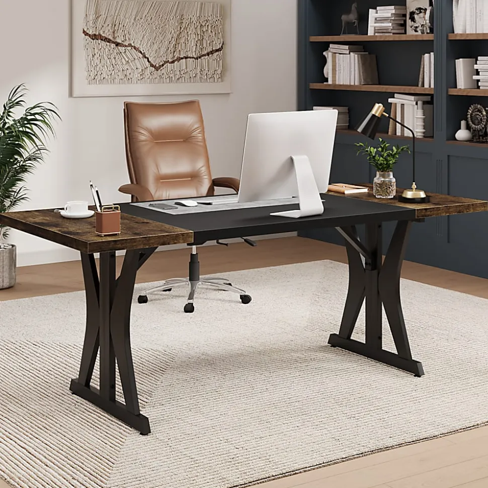 Bestier 71"W Computer Desk With X-Shaped Metal Legs, Rustic Brown