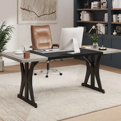 Bestier 71"W Computer Desk With X-Shaped Metal Legs, Wash Gray
