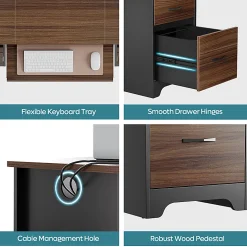 Bestier 59"W Double-Pedestal Executive Computer Desk With Open Storage & Drawer, Cherry