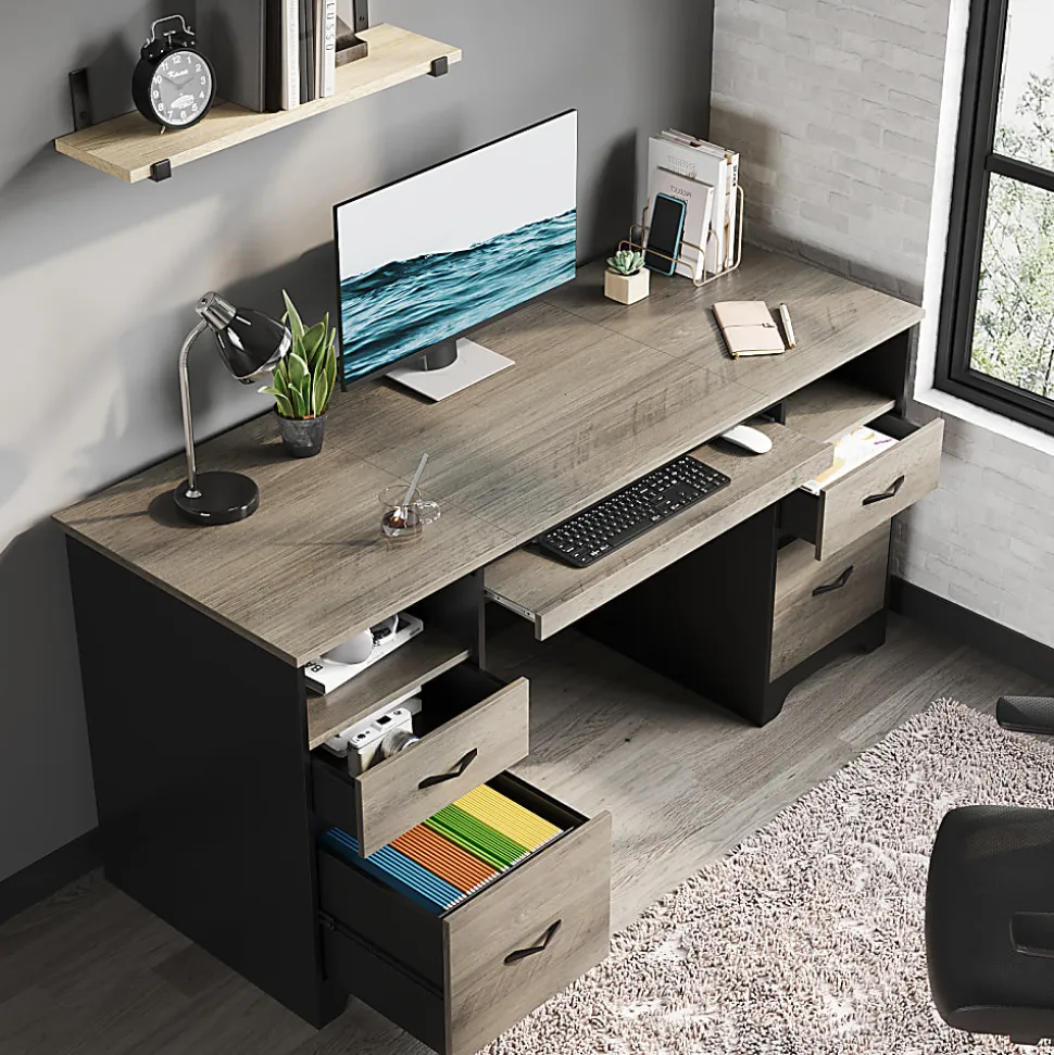 Bestier 59"W Double-Pedestal Executive Computer Desk With Open Storage & Drawer, Gray