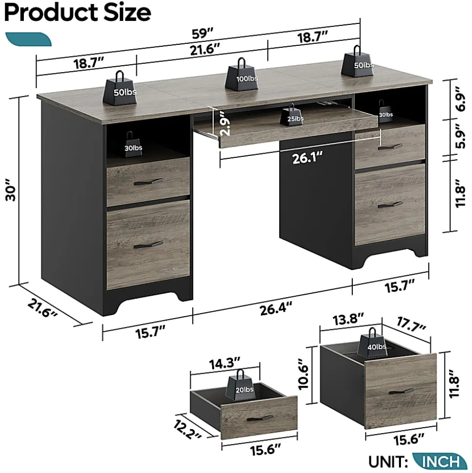 Bestier 59"W Double-Pedestal Executive Computer Desk With Open Storage & Drawer, Gray