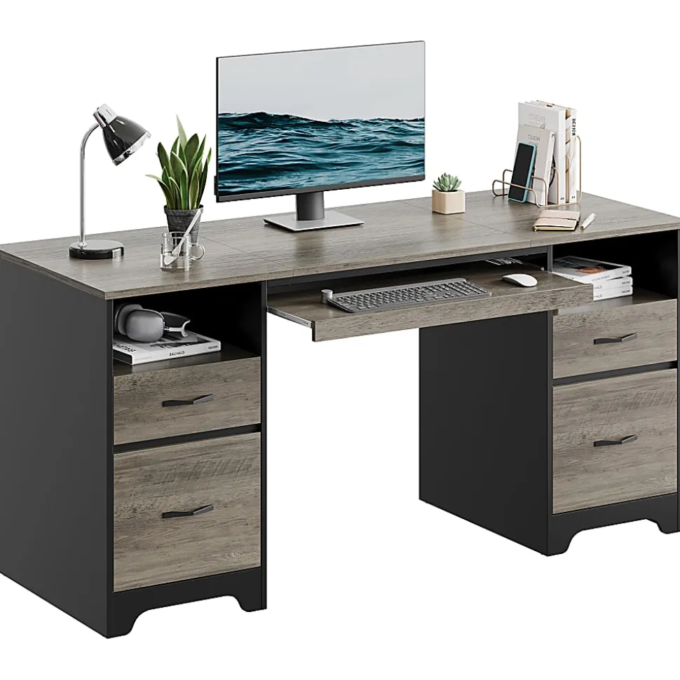 Bestier 59"W Double-Pedestal Executive Computer Desk With Open Storage & Drawer, Gray
