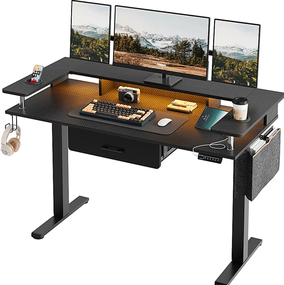 Bestier 58"W Electric Adjustable Height Standing Desk With Monitor Riser, Carbon Fiber Black