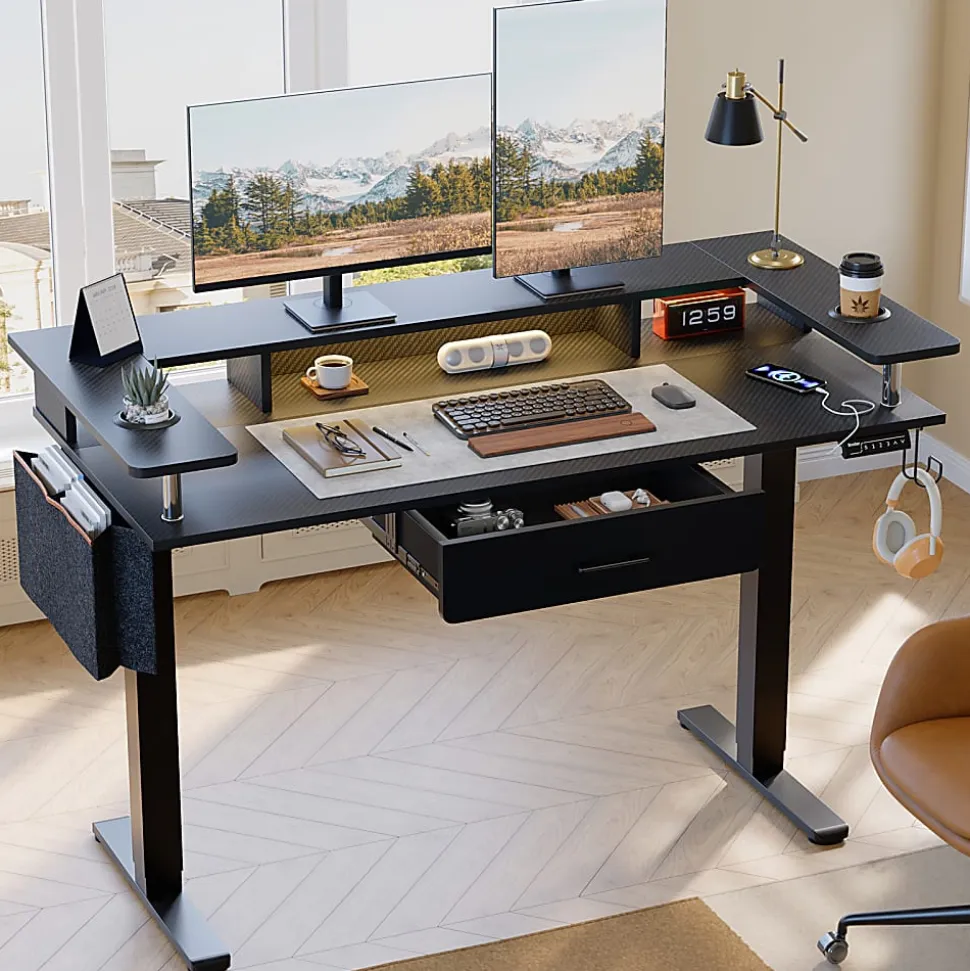 Bestier 58"W Electric Adjustable Height Standing Desk With Monitor Riser, Carbon Fiber Black